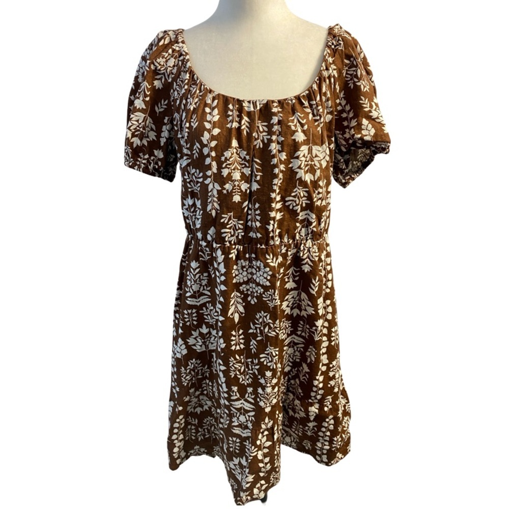 Reitmans Brown Floral Puff Sleeve Mini Dress Cottagecore Size L Linen Blend - Picture 5 of 14